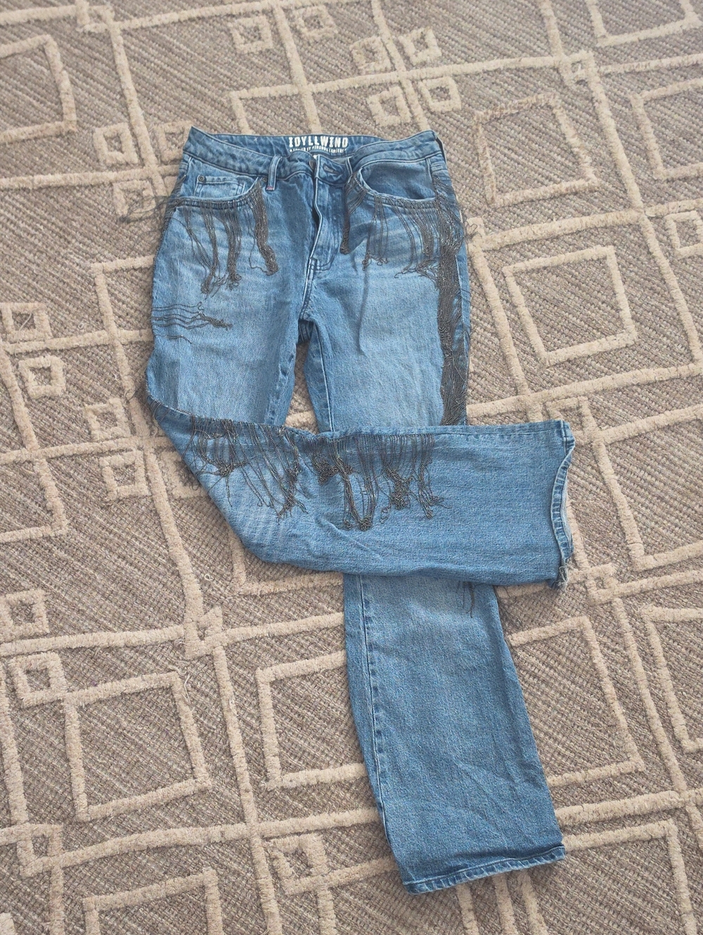 Idyllwind Blue Straight-Leg Jeans with Black Fringe Trim